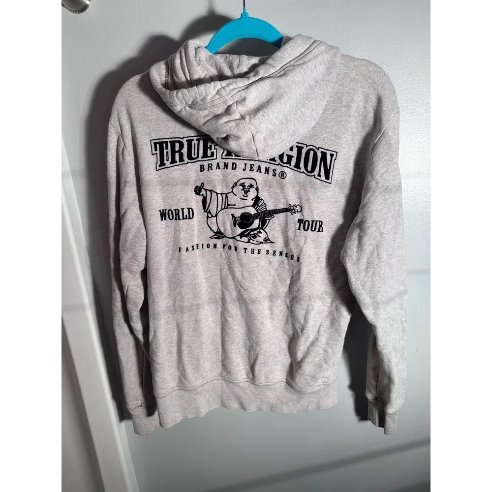 True Religion Mens World Tour Buddha Zip Up Hoodie Heather Gray Small Logo Back